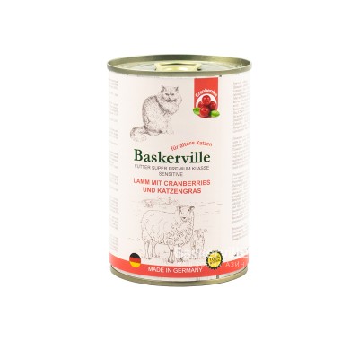 Консервований корм для кішок Baskerville Sensitive ягня з журавлиною та котячою м'ятою, 400г 21555/1841