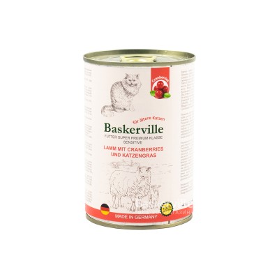 Консервований корм для кішок Baskerville Sensitive ягня з журавлиною та котячою м'ятою, 400г 21555/1841