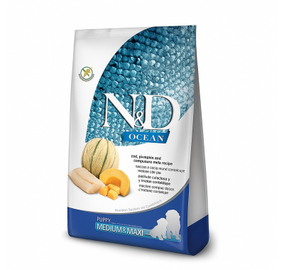 Сухой корм для щенков Farmina N&D Grain Free OCEAN COD, PUMPKIN & CANTALOUPE MELON PUPPY MEDIUM & MAXI с треской, тыквой и дыней, (38821) 12 кг