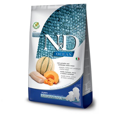 Сухой корм для щенков Farmina N&D Grain Free OCEAN COD, PUMPKIN & CANTALOUPE MELON PUPPY MEDIUM & MAXI с треской, тыквой и дыней, (38807) 2,5 кг