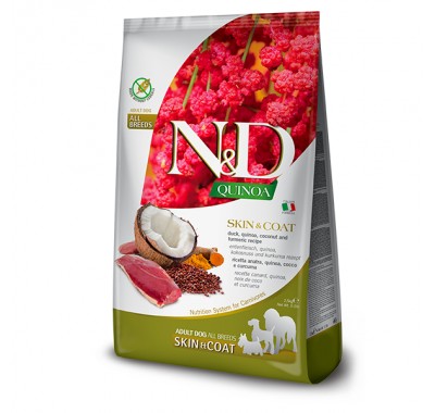 Беззерновий дієтичний корм для собак усіх порід Farmina N&D Quinoa Skin&Coat, при харчовій алергії, качка, кіноа, кокос та куркума, (35608) 2.5 кг