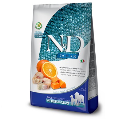 Беззерновой сухой корм Farmina N&D Grain Free OCEAN, для собак средних и крупных пород, треска и апельсин, (36551) 2.5 кг