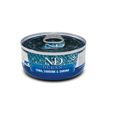 Влажный корм для кошек Farmina N&D Grain Free OCEAN TUNA, SARDINE & SHRIMP, тунец, сардина, креветка, (02017) 70 г