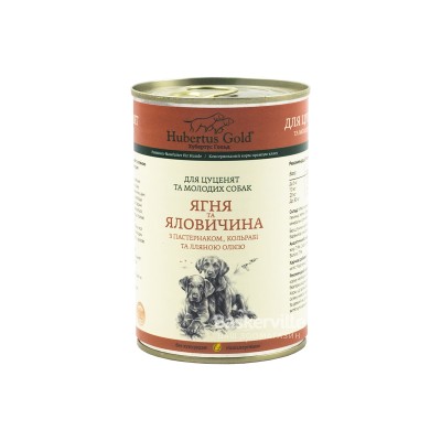 Консервований корм для цуценят та молодих собак Hubertus Gold Ягня та Яловичина з Пастернаком та Кольрабі, 400 г 21446/3212