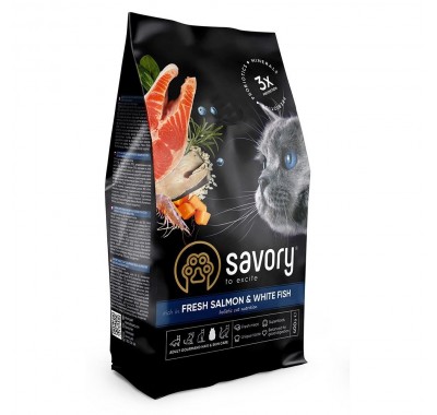 Сухой корм Savory для длинношерстных кошек, со свежим лососем и белой рыбой, 400 г 30013