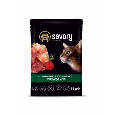 Вологий корм Savory для дорослих кішок, ягня з буряком у соусі, пауч, 85 г 20123
