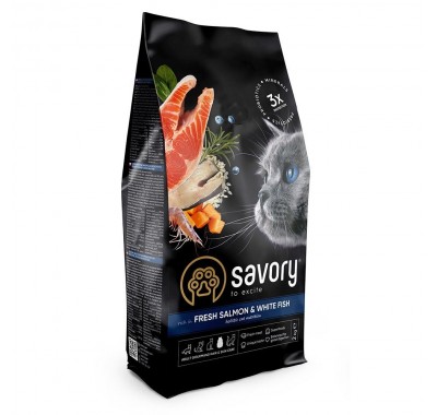 Сухой корм Savory для длинношерстных кошек, со свежим лососем и белой рыбой, 2 кг 30020