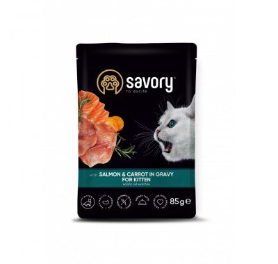 Влажный корм Savory для котят, лосось с морковью в соусе, пауч, 85 г 20079