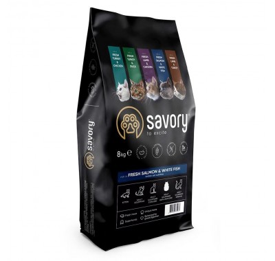 Сухой корм Savory для длинношерстных кошек, со свежим лососем и белой рыбой, 8 кг 30037