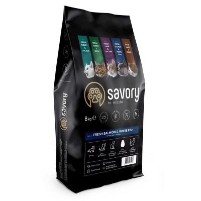 Сухий корм Savory для довгошерстих кішок, зі свіжим лососем та білою рибою, 8 кг 30037