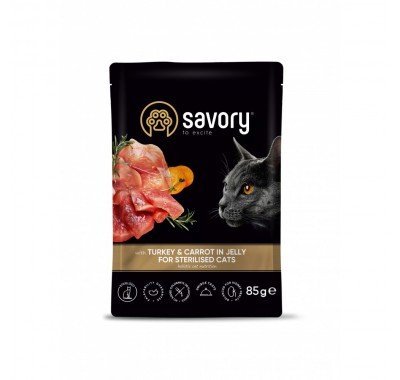 Вологий корм Savory для стерилізованих кішок, індичка з морквою в желе, пауч, 85 г 20109