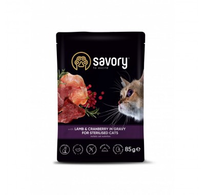 Вологий корм Savory для стерилізованих кішок, ягня з журавлиною в соусі, пауч, 85 г 20093