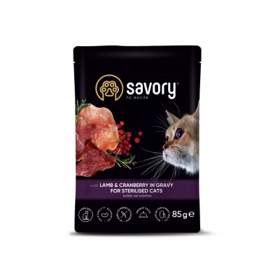 Вологий корм Savory для стерилізованих кішок, ягня з журавлиною в соусі, пауч, 85 г 20093