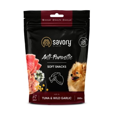М'які ласощі Savory з антипаразитарним ефектом для собак, тунець та дикий часник, 200 г 31324