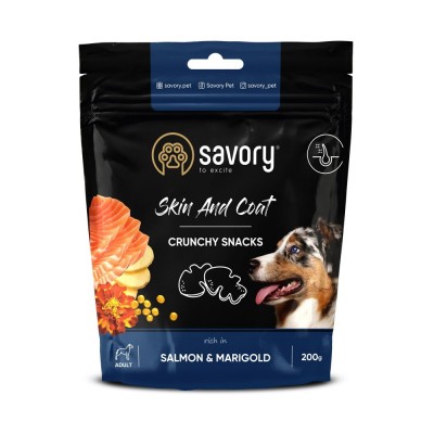 Хрумкі ласощі Savory для здоров'я шкіри та вовни собак, лосось з чорнобривцями, 200 г 31355