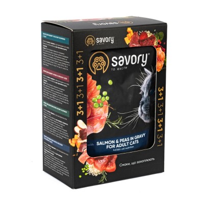 Набір паучів Savory Adult "3+1" для кішок, лосось з горохом у соусі, 85 г 32817