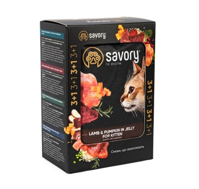 Набір паучів Savory Kitten "3+1" для кошенят, ягня з гарбузом в желе, 85 г 32824