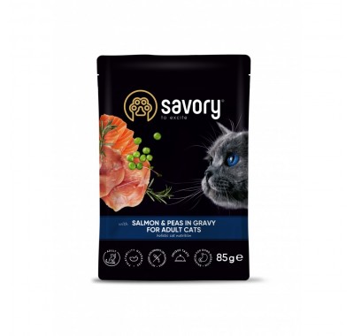 Вологий корм Savory для дорослих кішок, лосось з горошком у соусі, пауч, 85 г 20116