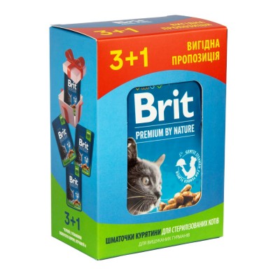 Набір павуків "3+1" для стерилізованих кішок Brit Premium Cat з куркою, 4х100 г 30356