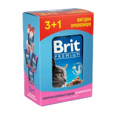 Набір паучів "3+1" для котів Brit Premium Cat з куркою та індичкою, 4х100 г 30332