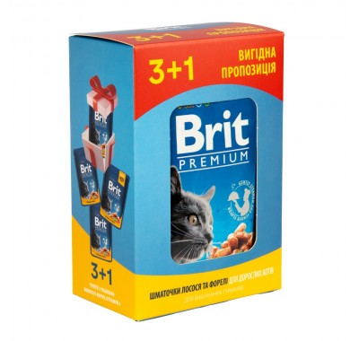 Набір павучів "3+1" для кішок Brit Premium Cat з лососем та фореллю, 4 х 100 г 30325
