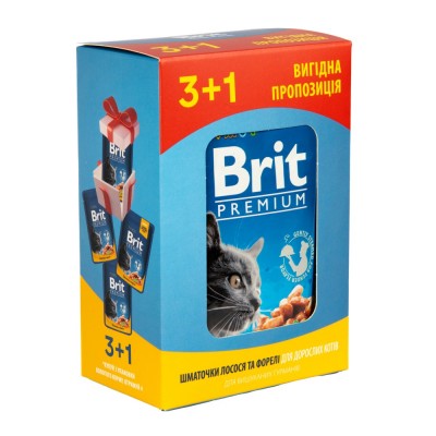 Набір павучів "3+1" для кішок Brit Premium Cat з лососем та фореллю, 4 х 100 г 30325