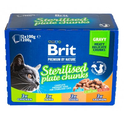 Набір паучів Brit Premium Cat сімейна тарілка для стерилізованих котів асорті 4 смаки 100г х 12 шт 111834