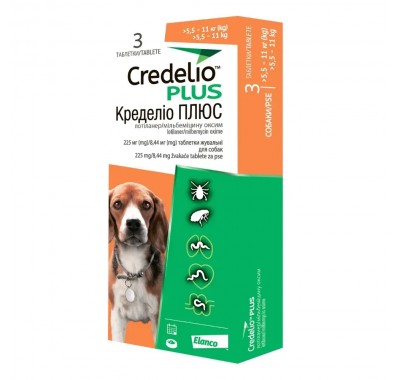 Таблетки для собак Credelio Plus від 5,5 до 11 кг, від бліх, кліщів та гельмінтів 3 шт