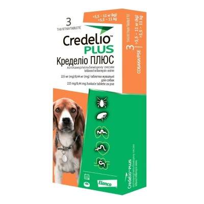 Таблетки для собак Credelio Plus від 5,5 до 11 кг, від бліх, кліщів та гельмінтів 3 шт