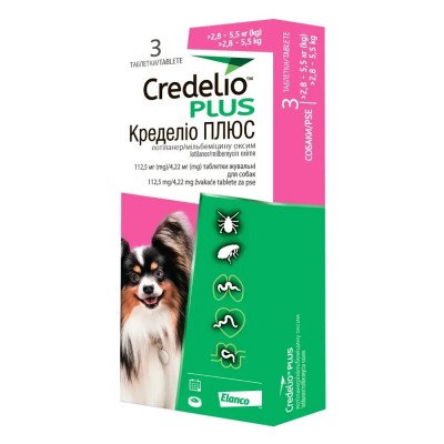 Таблетки для собак Credelio Plus від 1,4 до 2,8 кг, від бліх, кліщів та гельмінтів 3 шт