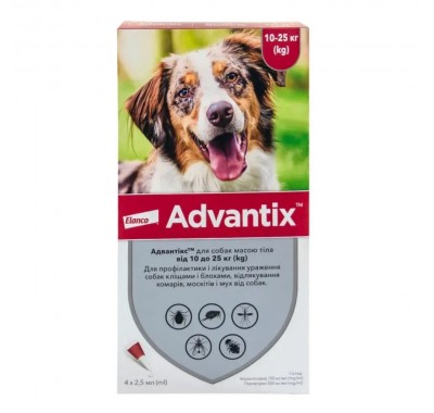 Краплі від бліх та кліщів Elanco Advantix від 10 до 25 кг, 4 піпетки.