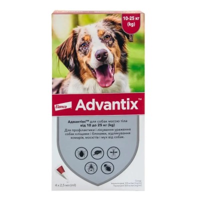 Краплі від бліх та кліщів Elanco Advantix від 10 до 25 кг, 4 піпетки.