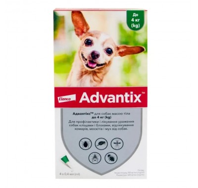 Краплі від бліх та кліщів Elanco Advantix для собак до 4 кг, 4 піпетки.