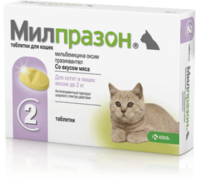 Таблетки від глистів для котів KRKA Мілпразон №2 для котів вагою до 2 кг, 2 шт