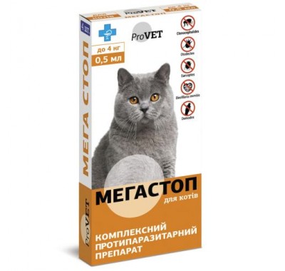 Краплі на холку ProVET «Мега Стоп» для кішок до 4 кг, 4 піпетки PR020073