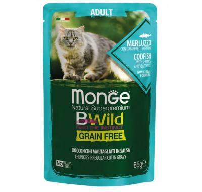 Влажный корм Monge Cat Bwild Gr.Free WET треска с креветками и овощами 85 г 70012768
