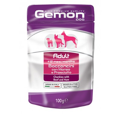 Вологий корм Gemon Dog Wet Adult шматочки з яловичиною та шинкою 100 г 70300605
