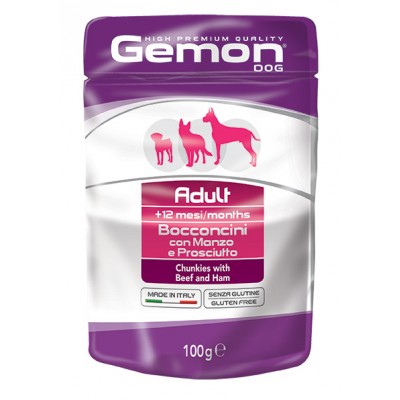 Вологий корм Gemon Dog Wet Adult шматочки з яловичиною та шинкою 100 г 70300605