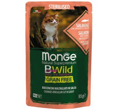 Вологий корм MONGE CAT BWILD GR.FREE WET Sterilised лосось з креветками та овочами 85 г 70012782