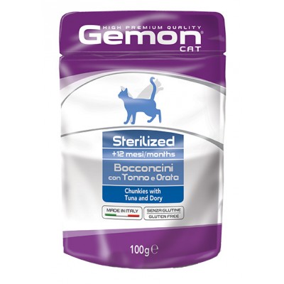Вологий корм Gemon Cat Wet Sterilized шматочки з тунцем та рибкою дорі 100 г 70300902