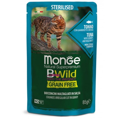Влажный корм MONGE CAT BWILD GR.FREE WET Sterilised тунец с креветками и овощами 85 г 70012799