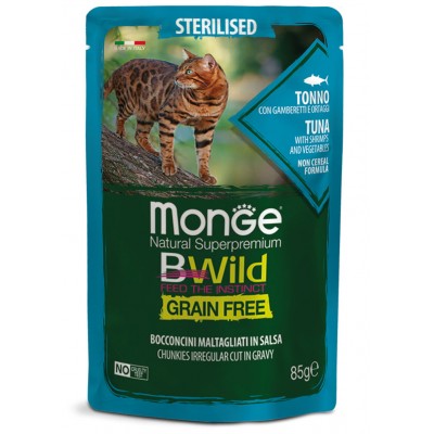 Вологий корм MONGE CAT BWILD GR.FREE WET Sterilised тунець з креветками та овочами 85 г 70012799